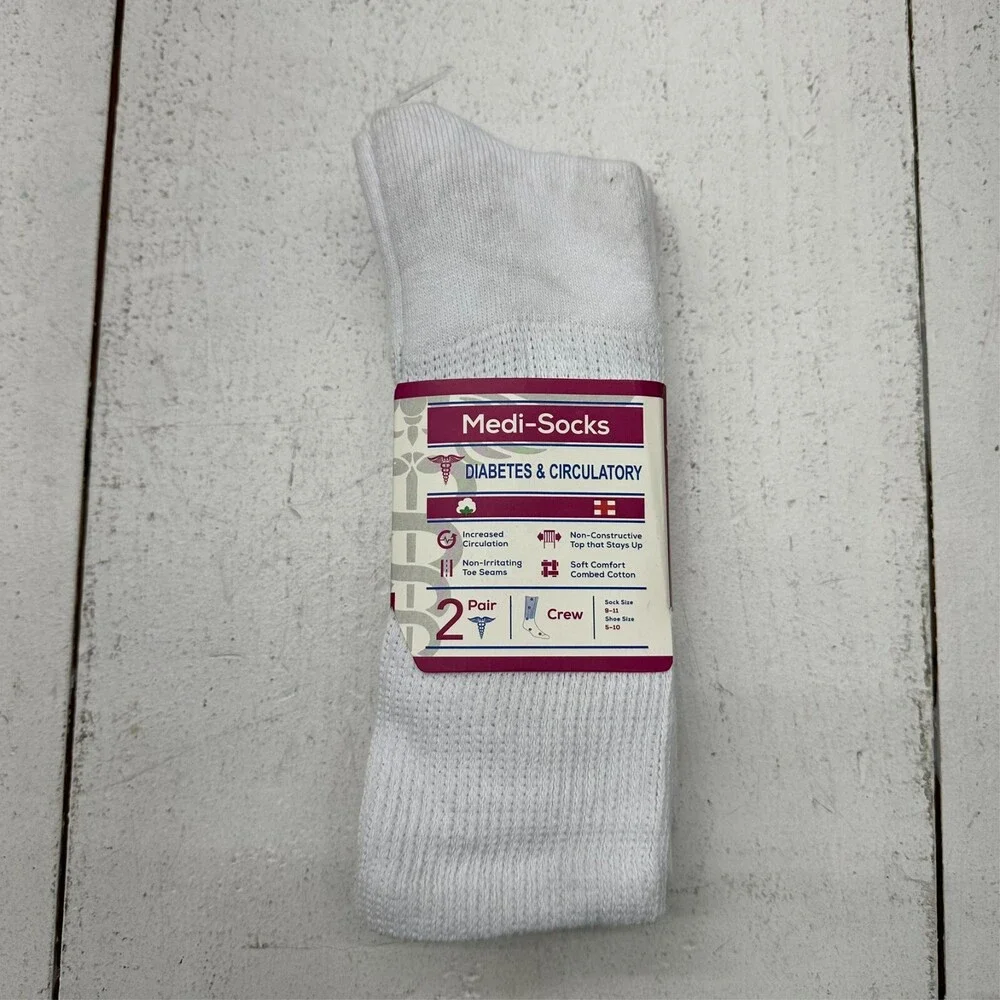 Two Pair White Medi-Socks Diabetes & Circulatory Unisex Crew Sock Size 9-11 NEW